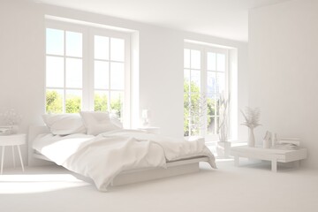 Fototapeta na wymiar Stylish bedroom in white color with summer landscape in window. Scandinavian interior design. 3D illustration