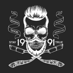 Vintage, hipster skull barbershop logo in old style, vector.