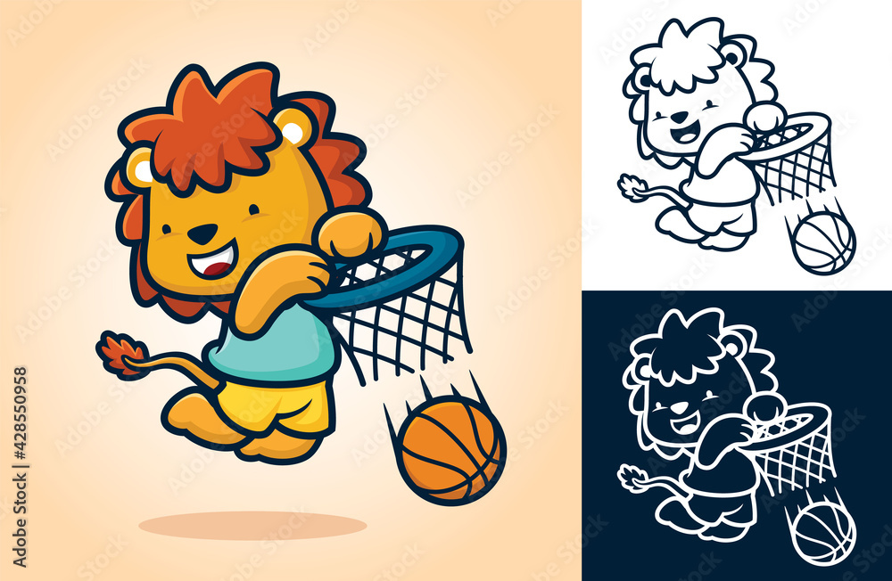 Wall mural cute lion playing basketball, put the ball into basket. vector cartoon illustration in flat icon sty