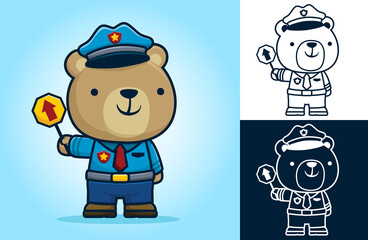 Cute bear wearing traffic cop costume standing while holding a traffic sign. Vector cartoon illustration in flat icon style