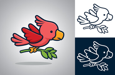 Cute bird flying while carrying leaf in its feet. Vector cartoon illustration in flat icon style