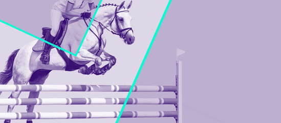 Horse and rider, black and white banner or header, billboard, duo tone. Beautiful white horse...