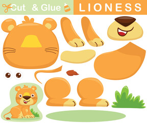 Cute lioness sitting on grass. Education paper game for children. Cutout and gluing. Vector cartoon illustration