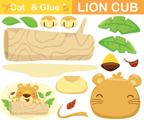 Cute lion cub hiding in tree trunk. Education paper game for children. Cutout and gluing. Vector cartoon illustration
