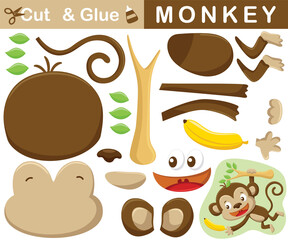 Funny monkey hang on tree branches try to reach a banana. Education paper game for children. Cutout and gluing. Vector cartoon illustration