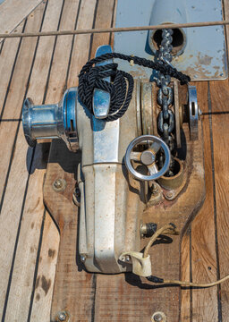 Close up winch on the deck of a tourist ferry