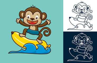 Cute monkey surfing in water with big banana. Vector cartoon illustration in flat icon style