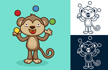 Cute monkey juggling colorful balls. Vector cartoon illustration in flat icon style