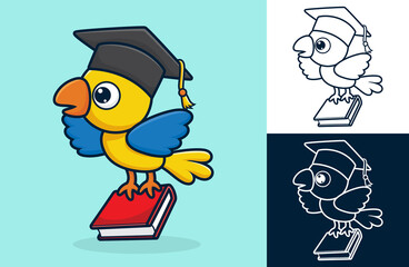 Cute bird wearing graduation hat while carrying book in its feet. Vector cartoon illustration in flat icon style