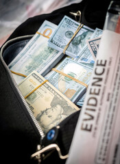 Black duffel bag full of dollar notes in criminal investigation unit, conceptual image
