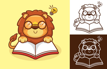 Cute lion reading a book use eyeglasses with lightbulb on its head. Vector cartoon illustration in flat icon style