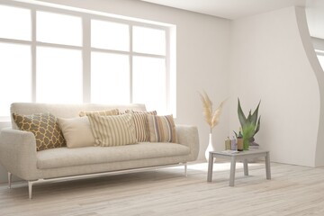Soft color living room with sofa. Scandinavian interior design. 3D illustration