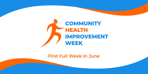 Community health improvement week. Vector web banner, social media, poster, card, flyer. Text Community health improvement week, first full week in june. Logo figure of running man, white background.