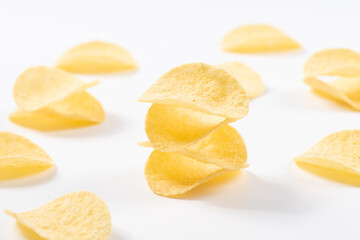 Group of potato chips isolated on white background with clipping path