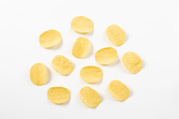 Group of potato chips isolated on white background with clipping path