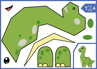 Cut and glue the paper a cute dinosaur. Simple easy applique. Worksheet with education riddle. Kids crafts activity page. Children art game. Birthday party decoration. Vector illustration.