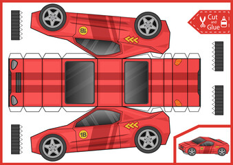 Cut and glue 3d paper racing car. Kids craft game. Children worksheet and activity page. Birthday d&eacute;cor auto racing. Vector illustration.
