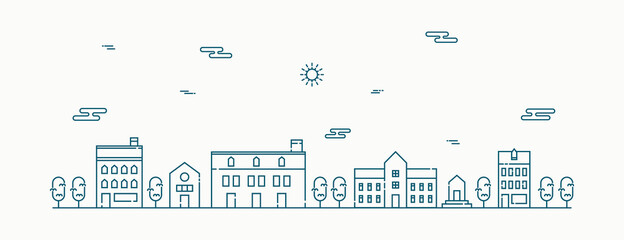 Vector landscape with houses, building, tree, sky. Suburban landscape. Flat line design vector.