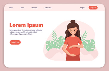 Landing page, pregnant woman. cute pregnant woman caressing her belly. vector illustration in cute cartoon style, healthcare, pregnancy. healthcare concept