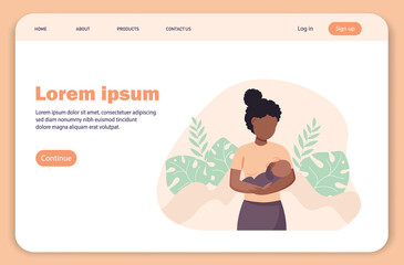 Landing page, breastfeeding illustration, black mother feeding a baby with breast with nature and leaves background.