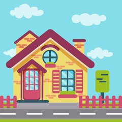 Cartoon vector flat landscape with cute house. Illustration sunny day in village. Simple exterior design. Road to the home.