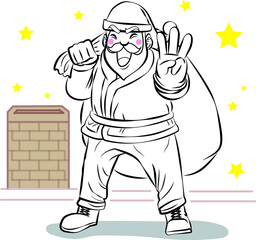 Santa Claus stands with carrying a gift bag, raising his fingers for 3 wishes on the roof of a house that have a chimney
