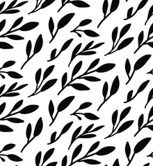 Seamless hand drawn floral pattern with leaves isolated on white background. Silhouette leaves for menu, greeting cards, wallpapers, covers.