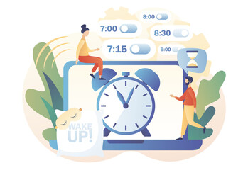 Alarm clock rings. Tiny people sets the alarm clock on laptop. Wake up in morning. Good morning concept. Beginning of new day. Modern flat cartoon style. Vector illustration on white background