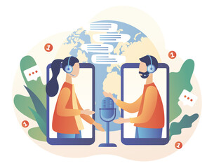 Online Interview concept. Tiny people on online meeting. Video call conference. Journalist. Social distancing. Remote work. Consultation. Modern flat cartoon style. Vector illustration 