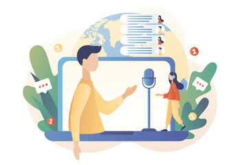 Tiny people journalist work remote. Online interview concept. Video call conference. Social distancing.  Consultation. Modern flat cartoon style. Vector illustration on white background