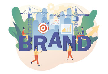Brand. Tiny people working on building brand. Corporate identity. Company development. Self-positioning, individual brand strategy. Branding concept. Modern flat cartoon style. Vector illustration 