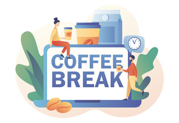 Tiny people businessmen relaxing, talking and drinking coffee. Coffee break - text on laptop screen. Lunch time in office concept. Modern flat cartoon style. Vector illustration on white background
