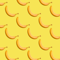 Fototapeta na wymiar Banana seamless pattern on yellow background. Trendy colors Summer tropical exotic fruit pattern, concept. Nature background., gift wrapping paper, textile print design.