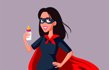Superhero Mom Holding Baby Bottle Vector Cartoon