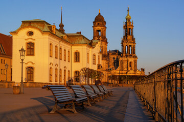 Fototapeta na wymiar Stunning view at sunrise of Dresden historic old town, Brühl's Terrace and the Hofkirche in the background