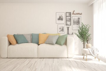 Soft color living room with sofa. Scandinavian interior design. 3D illustration