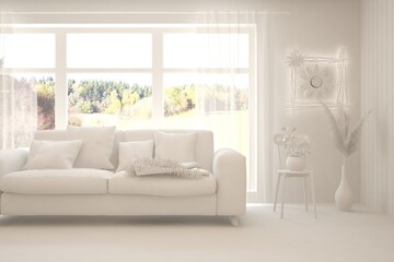 Stylish room in white color with sofa and autumn landscape in window. Scandinavian interior design. 3D illustration