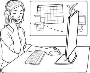 The beautiful woman working with customer cartoon vector black and white