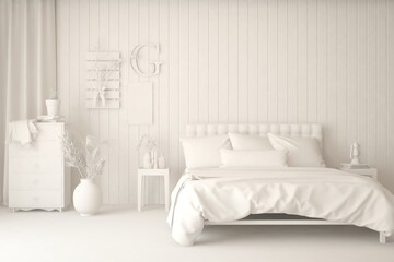 Modern bedroom in white color. Scandinavian interior design. 3D illustration