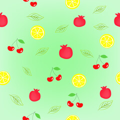 Seamless pattern with fruits, pink background, vector drawing
