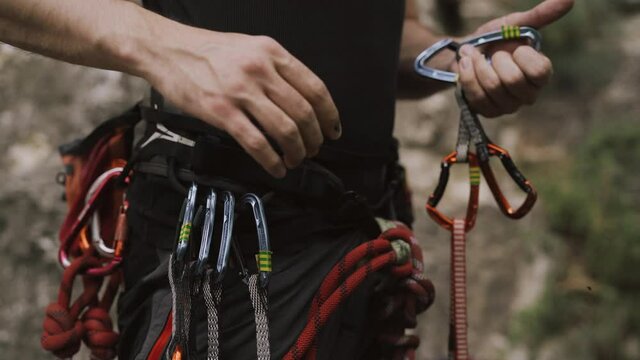 Preparation. rope and climbing equipment outdoor on a rock. 