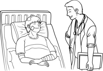 The doctor talked to the patient is lying on the bed about his health outline