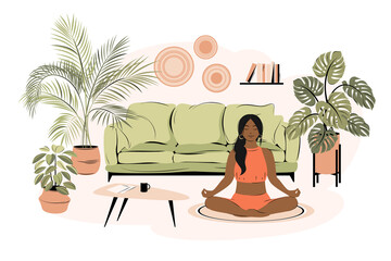 Fototapeta premium Young african american woman sitting cross-legged in her home, practicing yoga and enjoying meditation. Concept for yoga, relax, recreation, healthy lifestyle. Vector illustration 