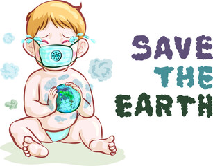 The baby is crying and holding a bad world from pollution and the environment cartoon
