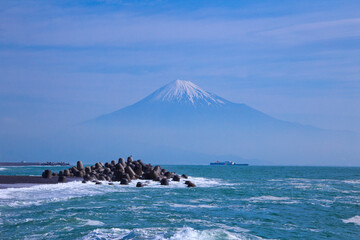 Mt. Fuji and sea, view from Mihono Matsubara in Shizuoka, Japan.