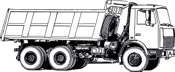 Vector black and white image of industrial truck with trailer for cargo transportation

