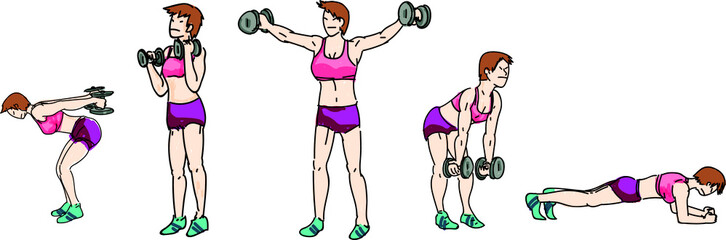 Strong young women are exercising in various chapters for health