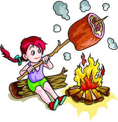 The braid girl sat on the fire and grill a large piece of meat with a skewer cartoon vector colorful