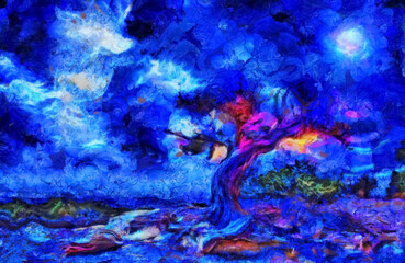 Night landscape Old tree