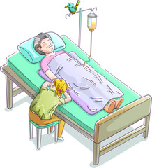 girl with dad was ill on bed in hospital colorful